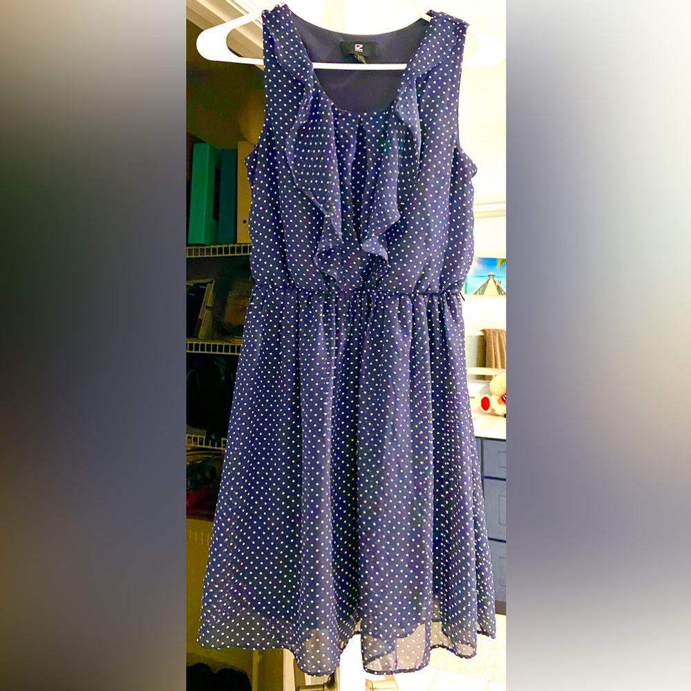 IZ Byer Navy Blue White Polka Dot Front Pleated Ruffle Dress, XS